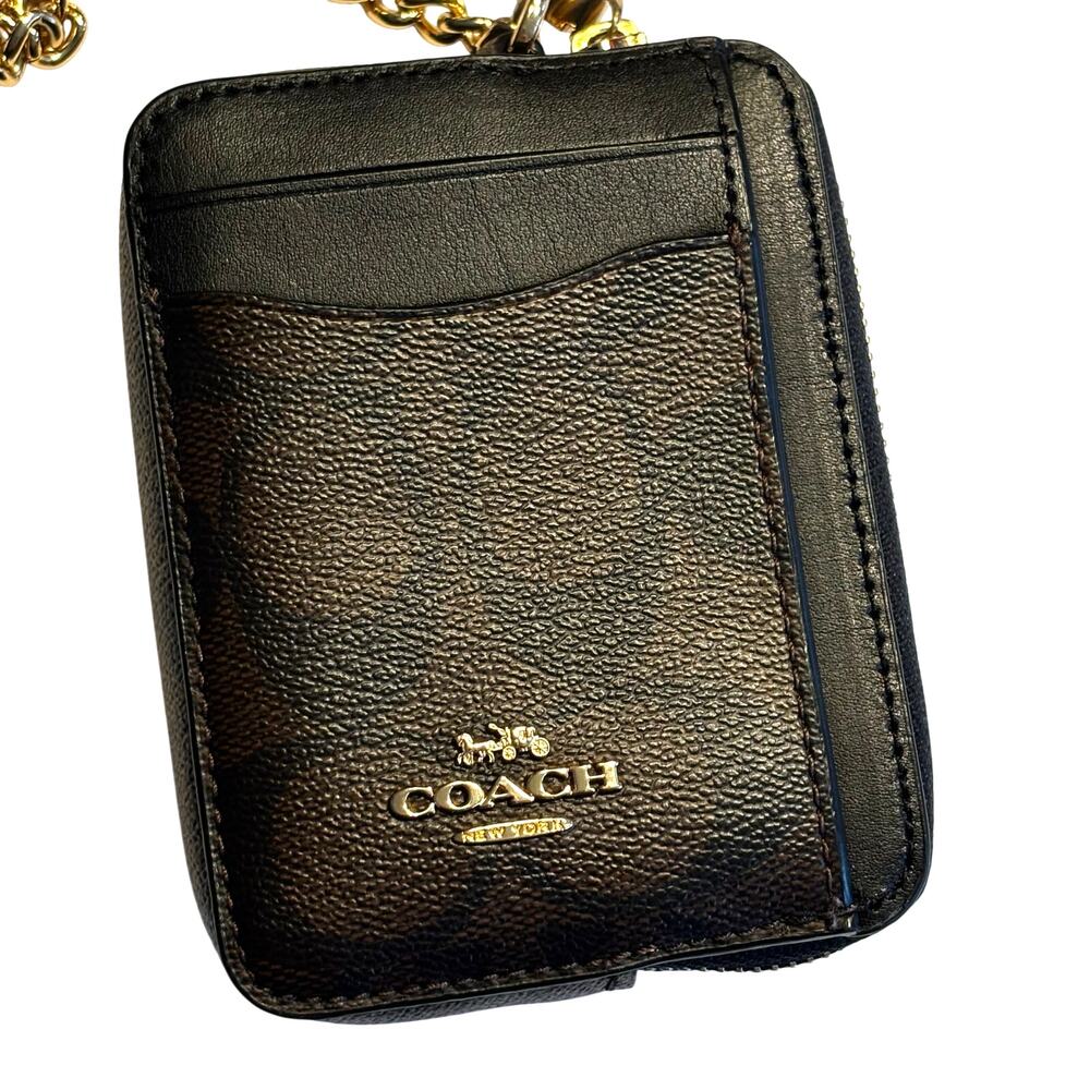 Coach card case coin purse wallet wristlet zip around gold tone chain strap